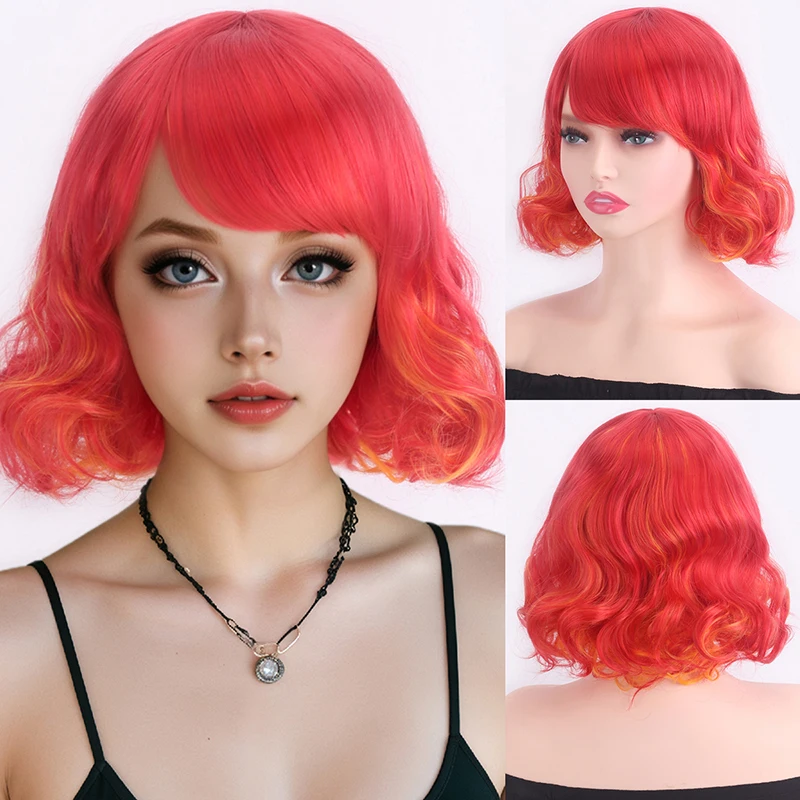 

Orange red short hair with bangs, colorful wig reversed, anchor performing wig Synthetic fiber wig