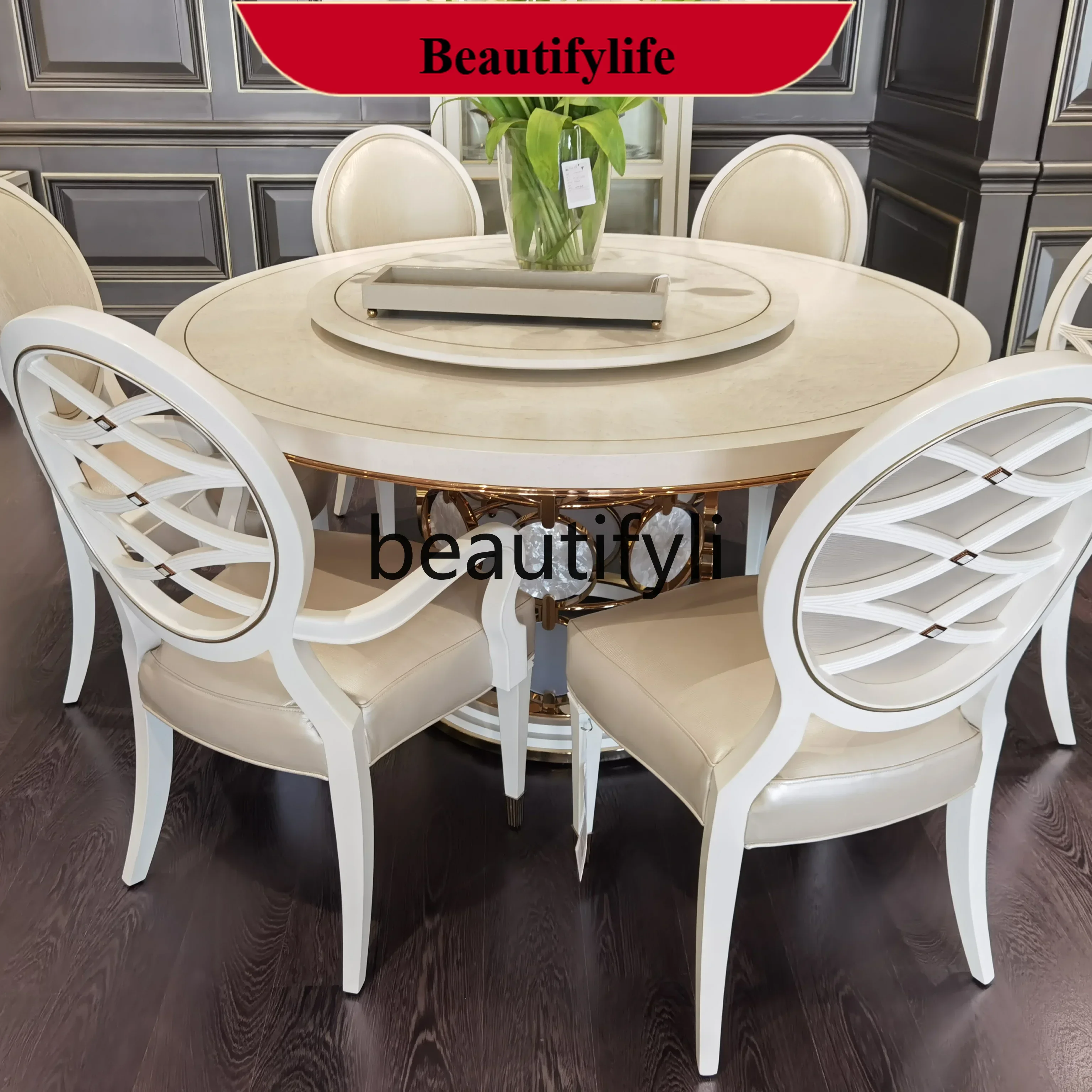 z183  Light luxury modern carving round wooden American dining table upholstered dining chair customization