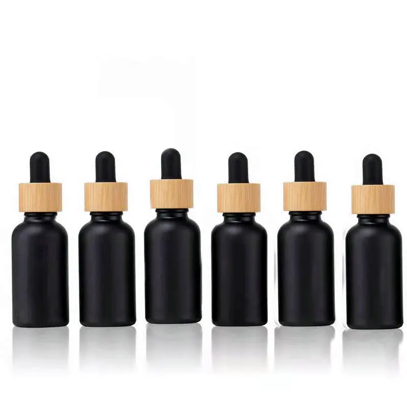 Wholesale! 15ml 30ml 50ml Black Frosted Glass Dropper with Bamboo Cover Beard Essential Oil Dropper Container Refillable 1OZ Box