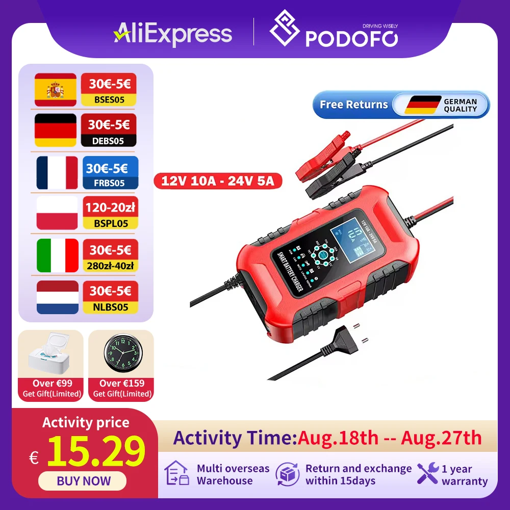 Podofo Caricabatteria per Auto SUV Moto Camion 12V 10A 24V 5A Caricabatteria Riparazione di Impulsi per Batteria al Piombo Secco Bagnato