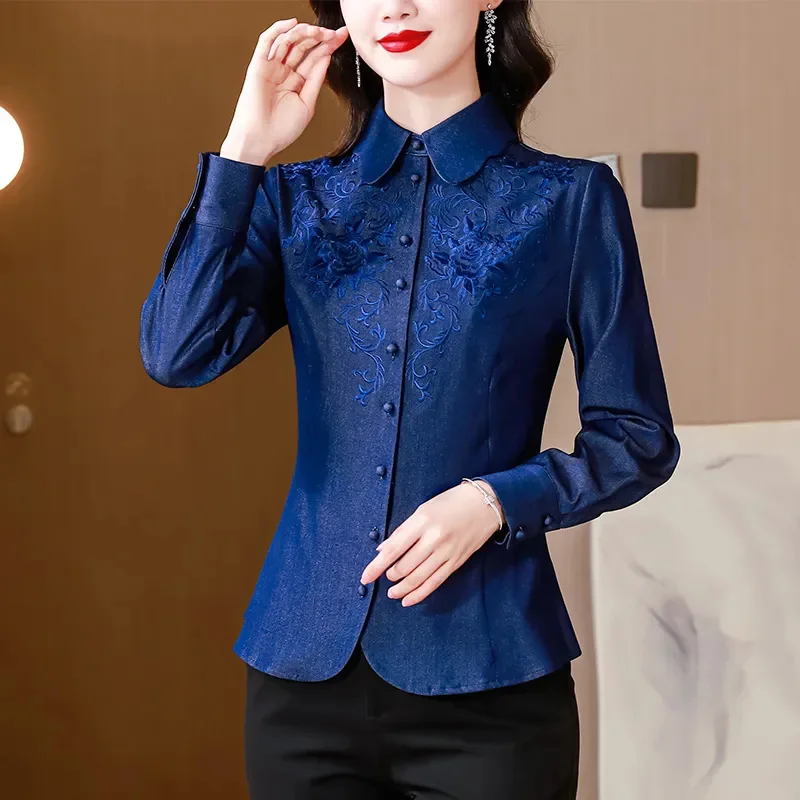 Spring Summer Chinoiserie Shirt 2024 New Single-Breasted Blue Women's Clothes Cardigan TOP Fashion Embroidery Blouse Female