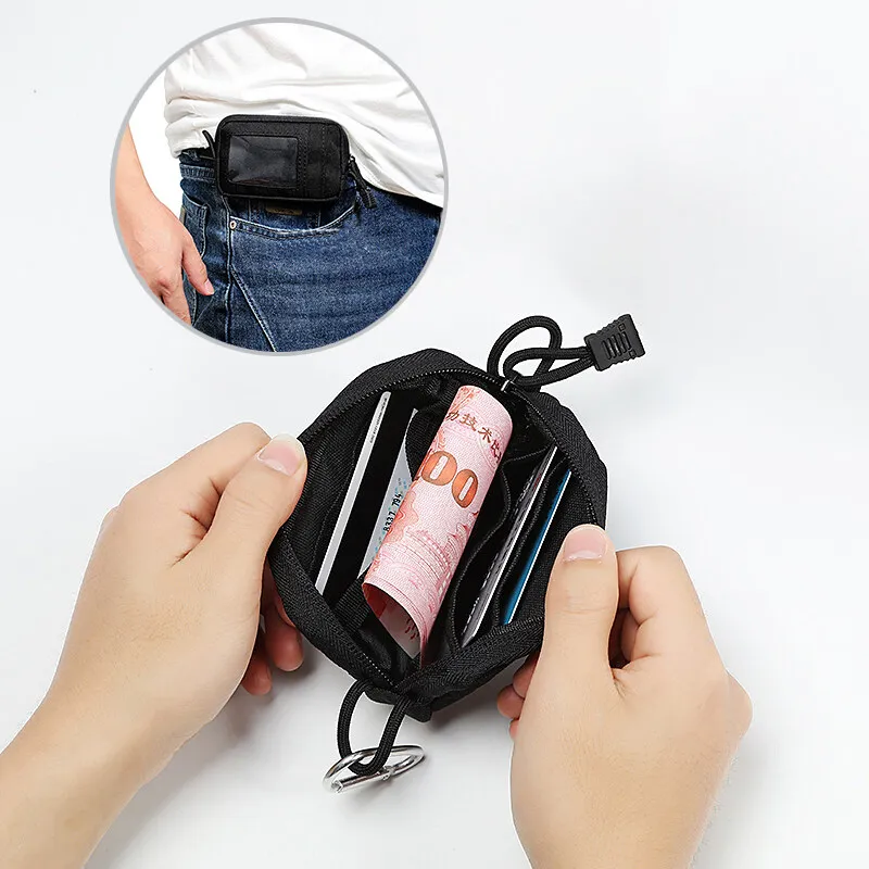 Monedero pequeño de bolsillo para viajes al aire libre, deportes, Mini monedas, llaves, tarjeta de identificación, bolsa con cremallera con hebilla colgante negra