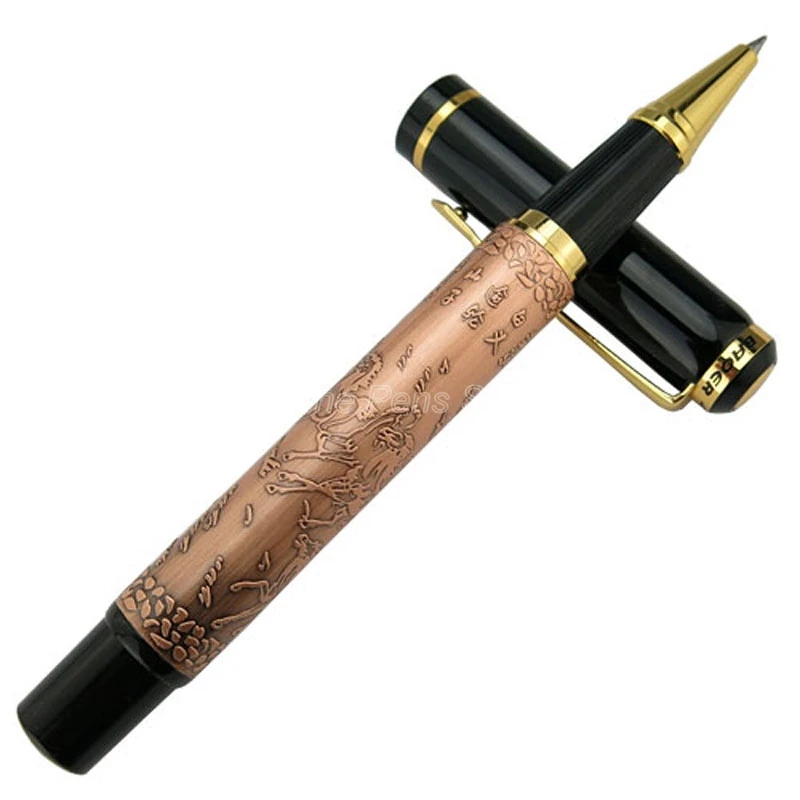 Baoer 507 Metal Red Bronze Ancient Eight Running Horses Roller Ball Pen Gold Trim Refillable Office School Writing Accessory