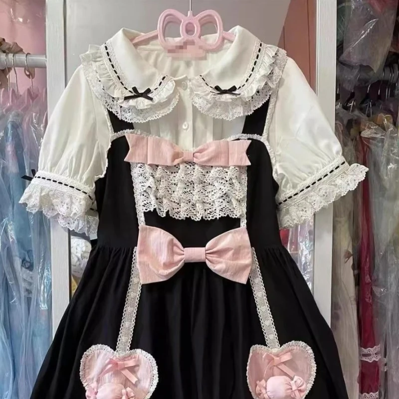 

2000s Fashion Japanese Preppy Style All Match Peter Pan Collar Blouse Constrast Color Bow Appliques T Shirt Punk Buttons Tops