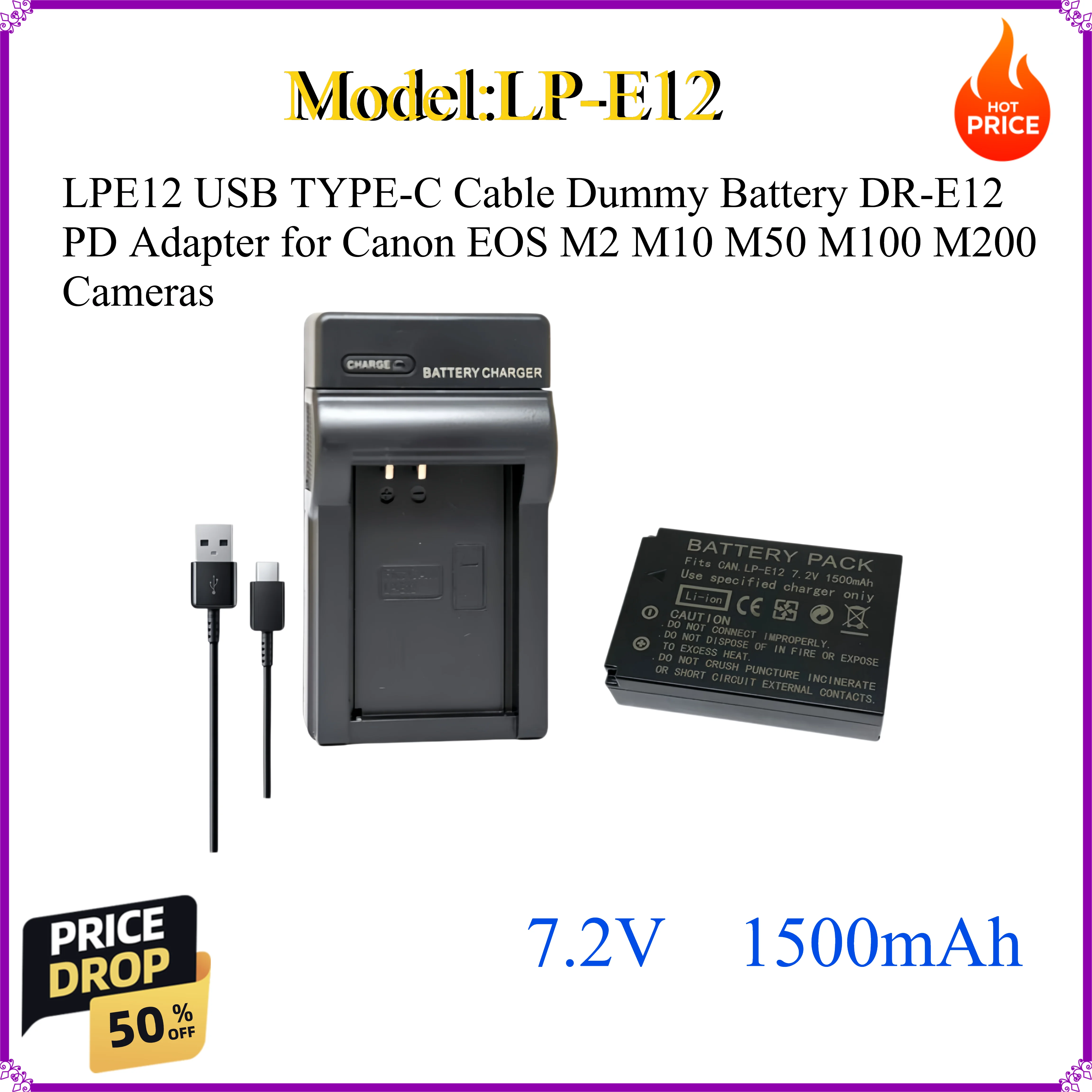 

LP-E12 LPE12 USB TYPE-C Cable Dummy Battery DR-E12 PD Adapter for Canon EOS M2 M10 M50 M100 M200 Cameras