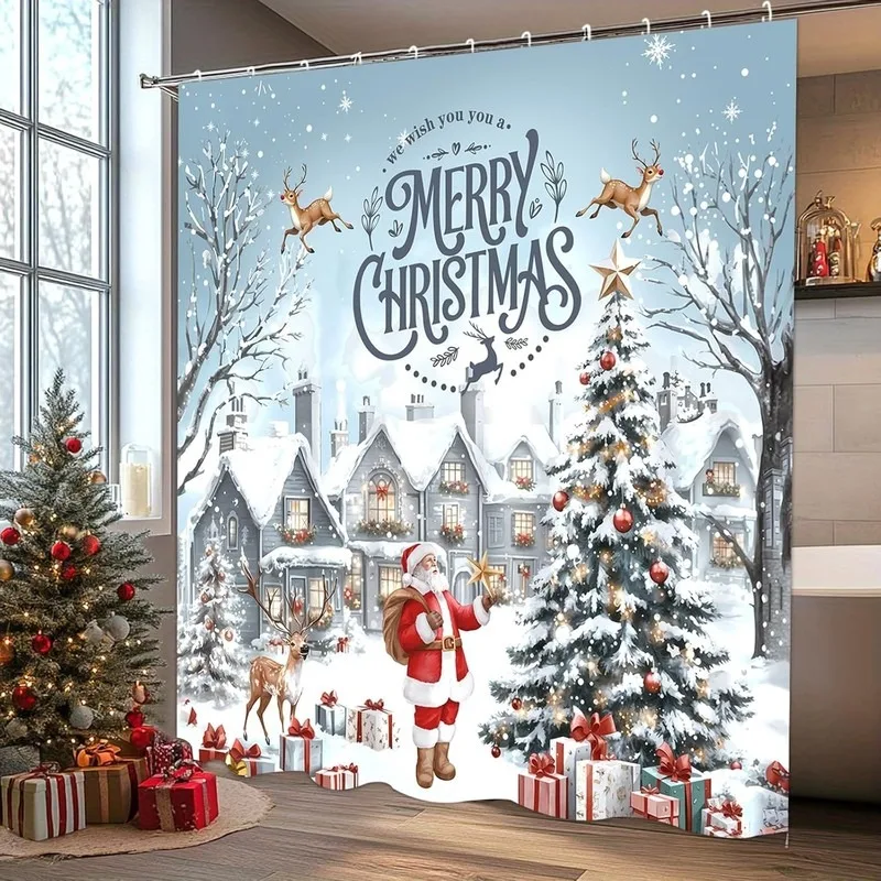 Winter Snow House Santa Claus Reindeer Christmas Tree Bathroom Shower Curtain No Drilling with 12 Hooks Holiday
