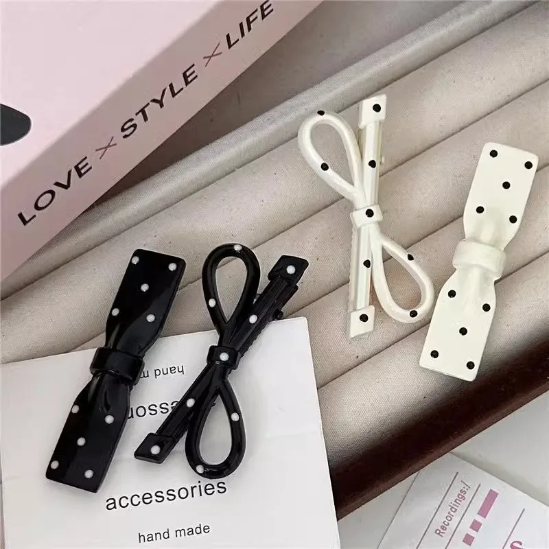 Black And White Polka Dot Hollowed Out Long Bow Hair Clip, Girl's Heart, Simple Edge Clip Hair Accessory