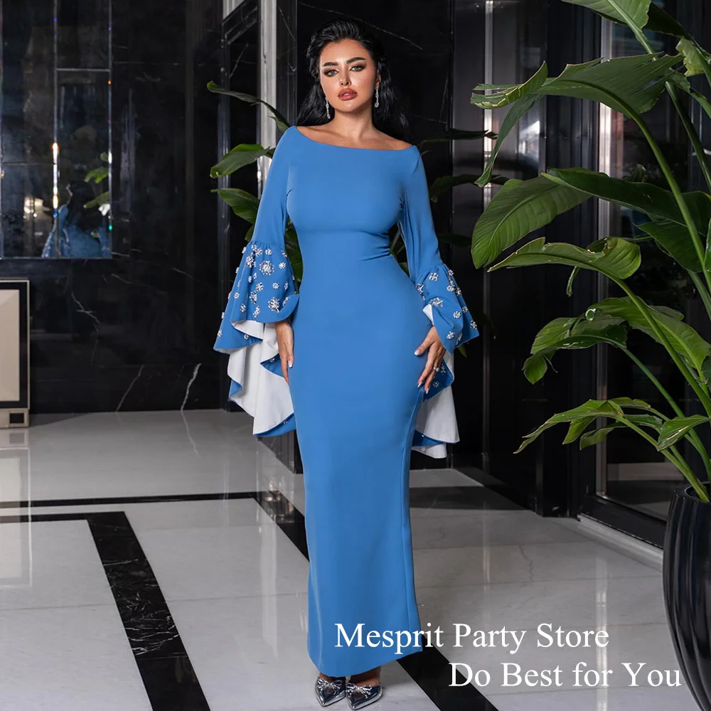 Unique Mermaid Evening Dress Scoop Neck Flare Sleeves Crystal Stones Ankle Length Jersey Saudi Arabian Prom Gown Weddings