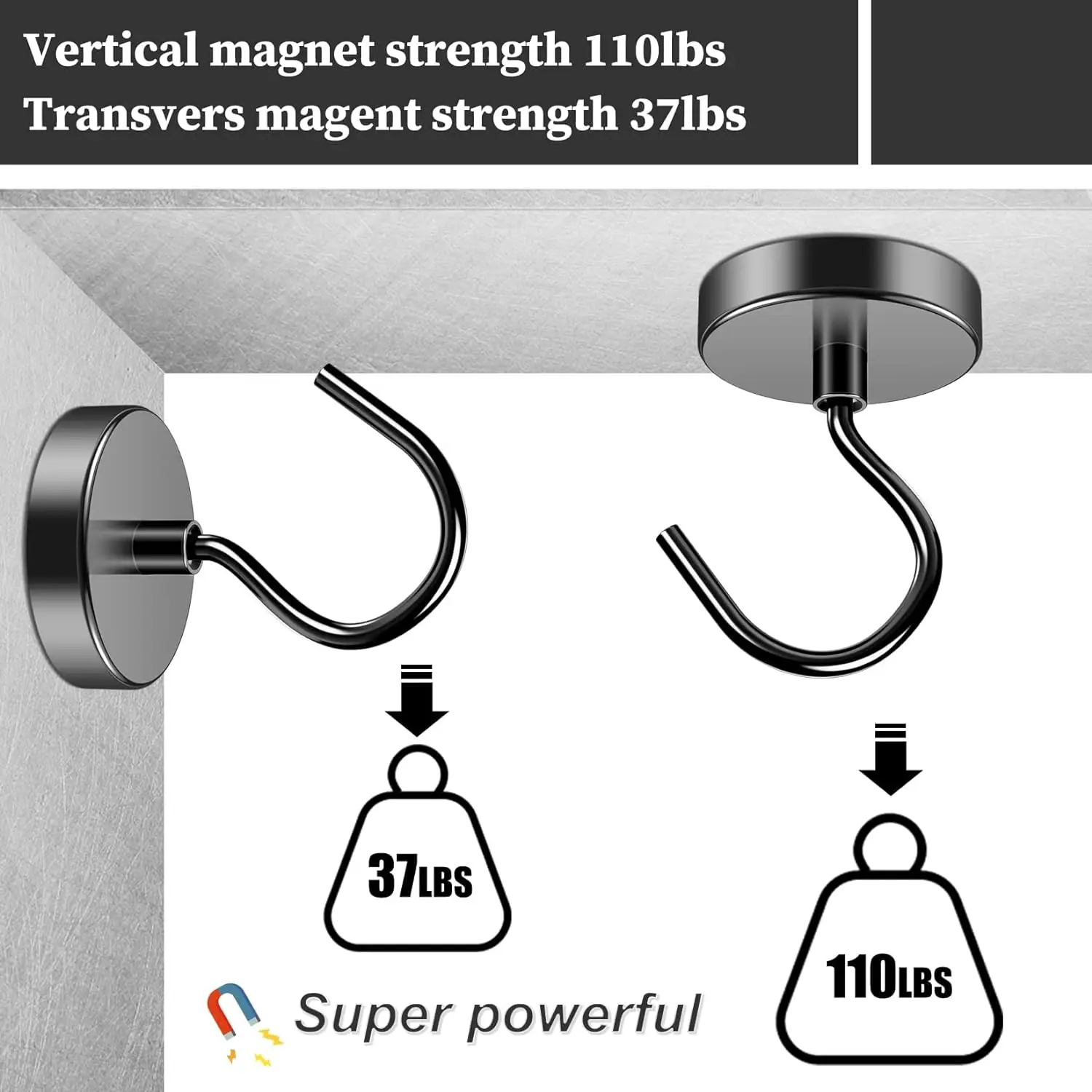 1Pack Black Magnetic Hook 110 lbs Heavy Duty Strong Neodymium With a bigger hookfor Cruise, Curtain, Home, Kitchen, Workplace