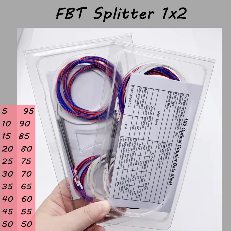 10pcs FBT Optical Fiber Splitter Without Connectors 1x2 0.9mm 5/59 10/90 15/25 20/80 25/75 30/70 40/60 50/50 Unbalanced Coupler