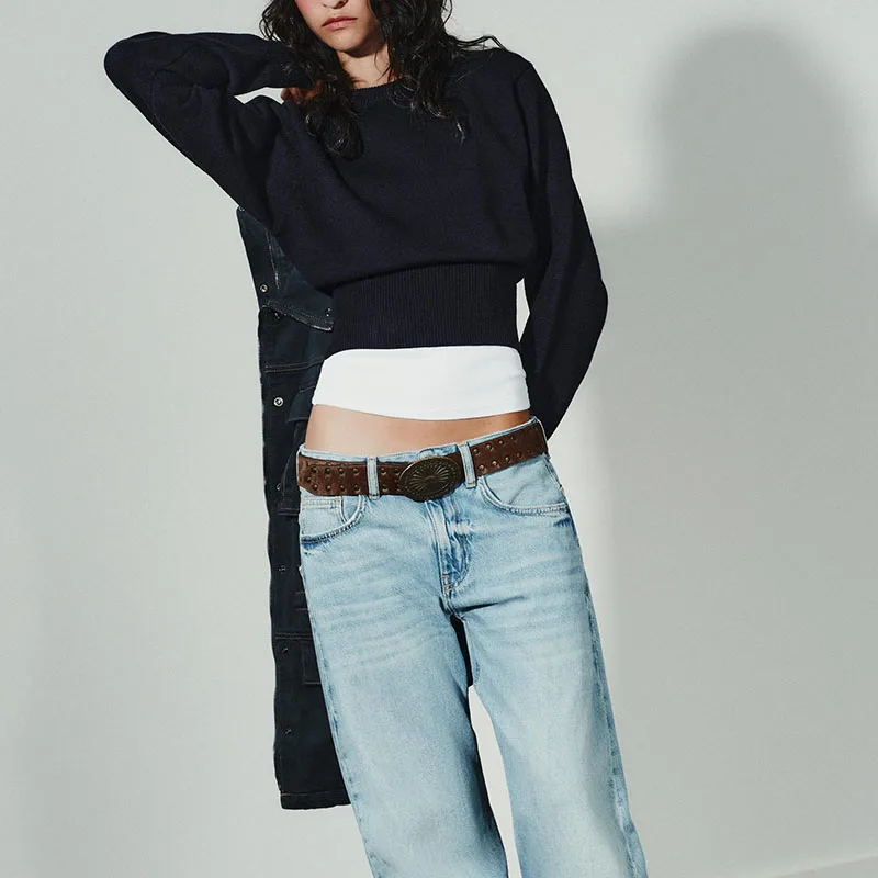 كنزة محبوكة بياقة مستديرة وأكمام طويلة، تصميم جديد لخريف هذا العام، أسلوب عصري وكاجوال للنساء