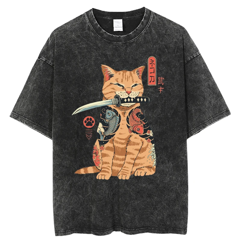 

Vintage Washed T-shirt Men Casual Cotton Short Sleeve Samurai Cat Print Anime Tshirt Japanese Neko Sushi Wave Tops Oversize Tees