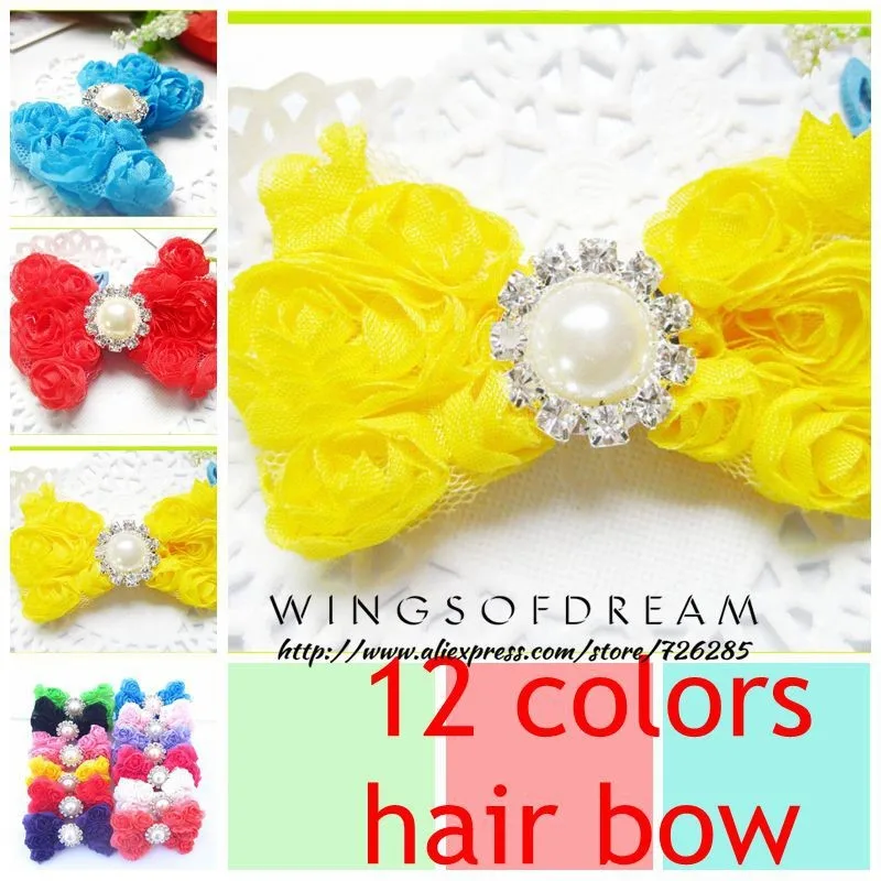 

(120pcs/lot)12 Colors Classic Shabby Chic Lace Flower Bow Charming Mesh Rosset Bow With Bling Pearl Button For Kids