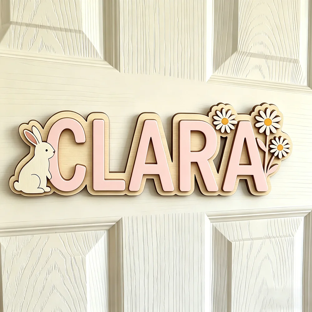 Custom Bunny & Daisy Kids Name Sign for The Dearest Baby, Cute Spring Floral Wooden Nursery Door Plaque - view 4