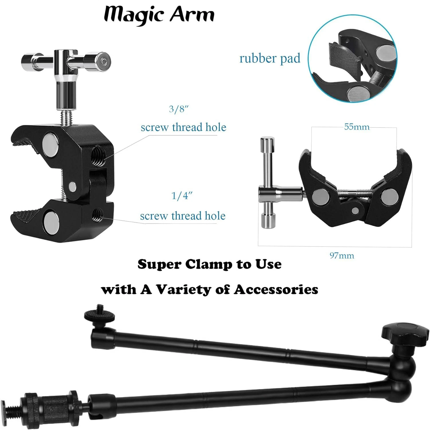 Camera Magic Arm articulating arm- 20 Inch Metal Adjustable Friction Articulated arm with Super Clamp/Phone Clip, for Various