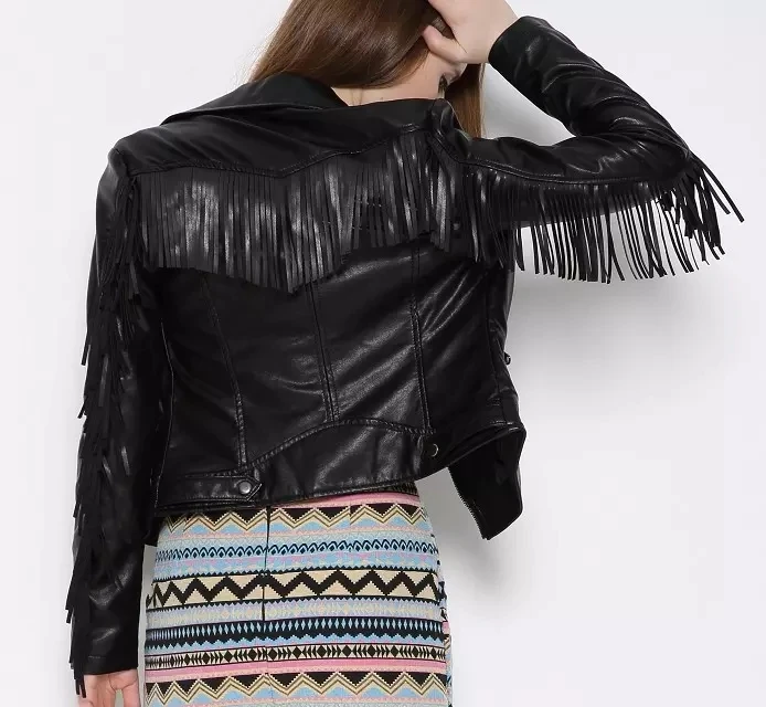 Jaket Kulit PU Bla Metalik dengan Ritsleting Pinggiran Slim Fit Panjang Sve Pakaian Luar Faion Wanita Keluaran Baru Musim Gugur