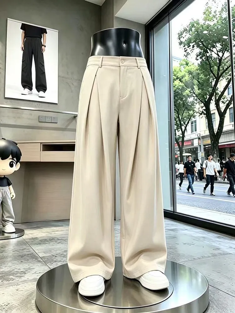 Pure Color Men's Wide Leg West Pants Autumn High-End Folded Casual Long Trousers CleanFit Style Teenager Business Casual