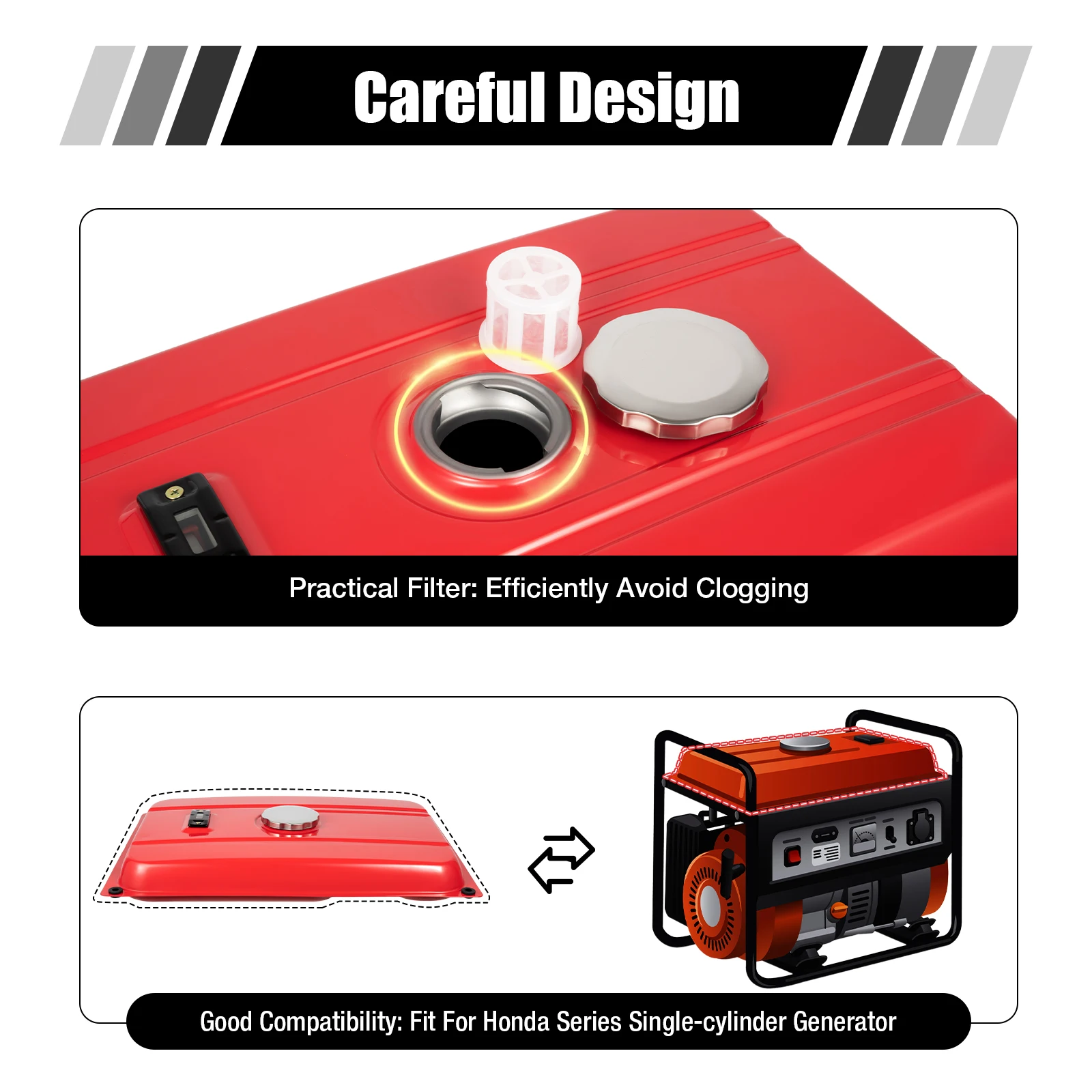 5-Gallon Universal Generator Gas Fuel Tank w/ Chrome Cap Gauge Petcock Valve Red