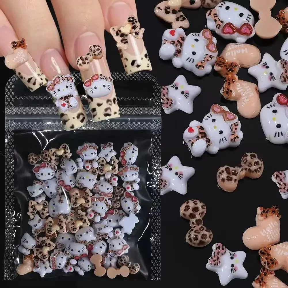 50PCS Leopard Print Hello Kitty 3D Resin Nail Charms Mix Cartoon Flatback Nail Decor DIY Manicure Accessories