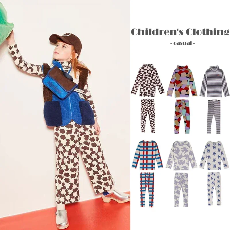 2024 Baby Autumn Clothes Fashion Casual Girls' High Collar T-shirt Pants Set Baby Boys Long Sleeve T-shirt Striped Pants