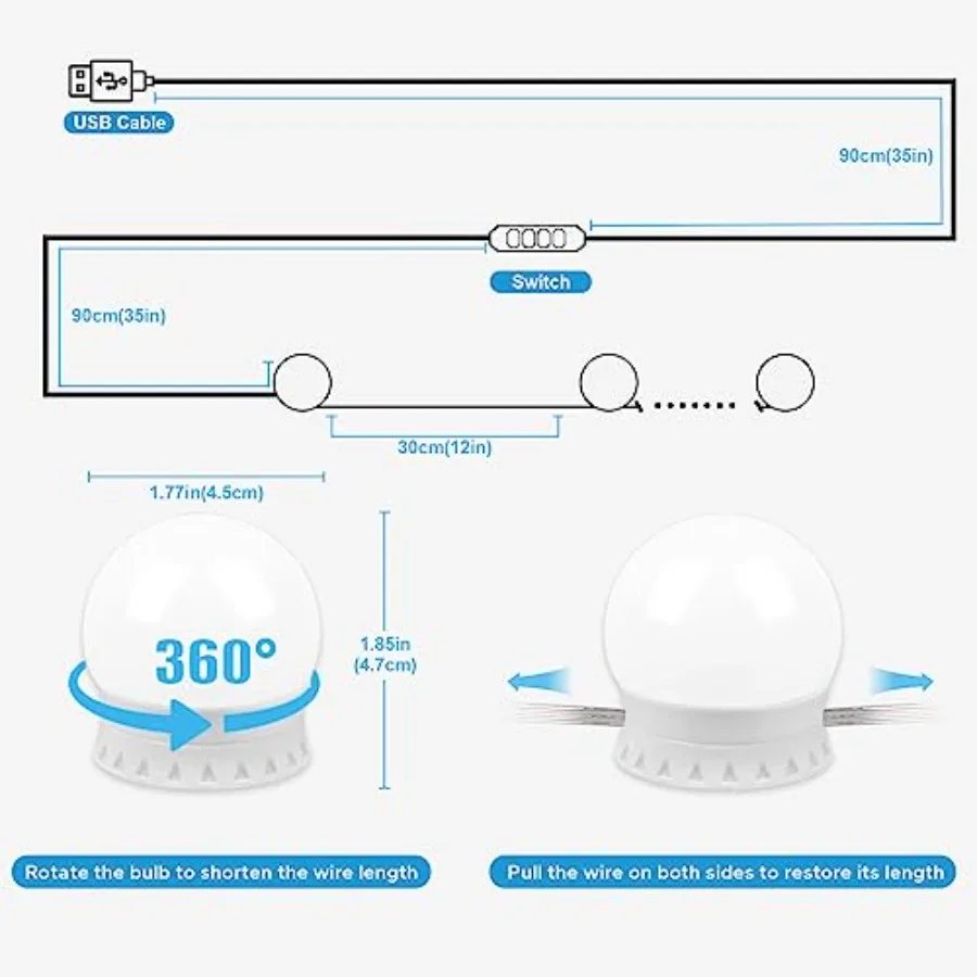 LED Vanity Lights For Mirror, Vanity Stick on with Dimmable Bulbs, 3000K 4000K 6500K and 10 Level Brightness Adjustable, USB Ca