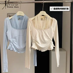 Casual Women T-shirts Korean Fashion Sweet Preppy Style Tops Female Autumn Long Sleeve Turn Down Collar Basic Pullovers Tees