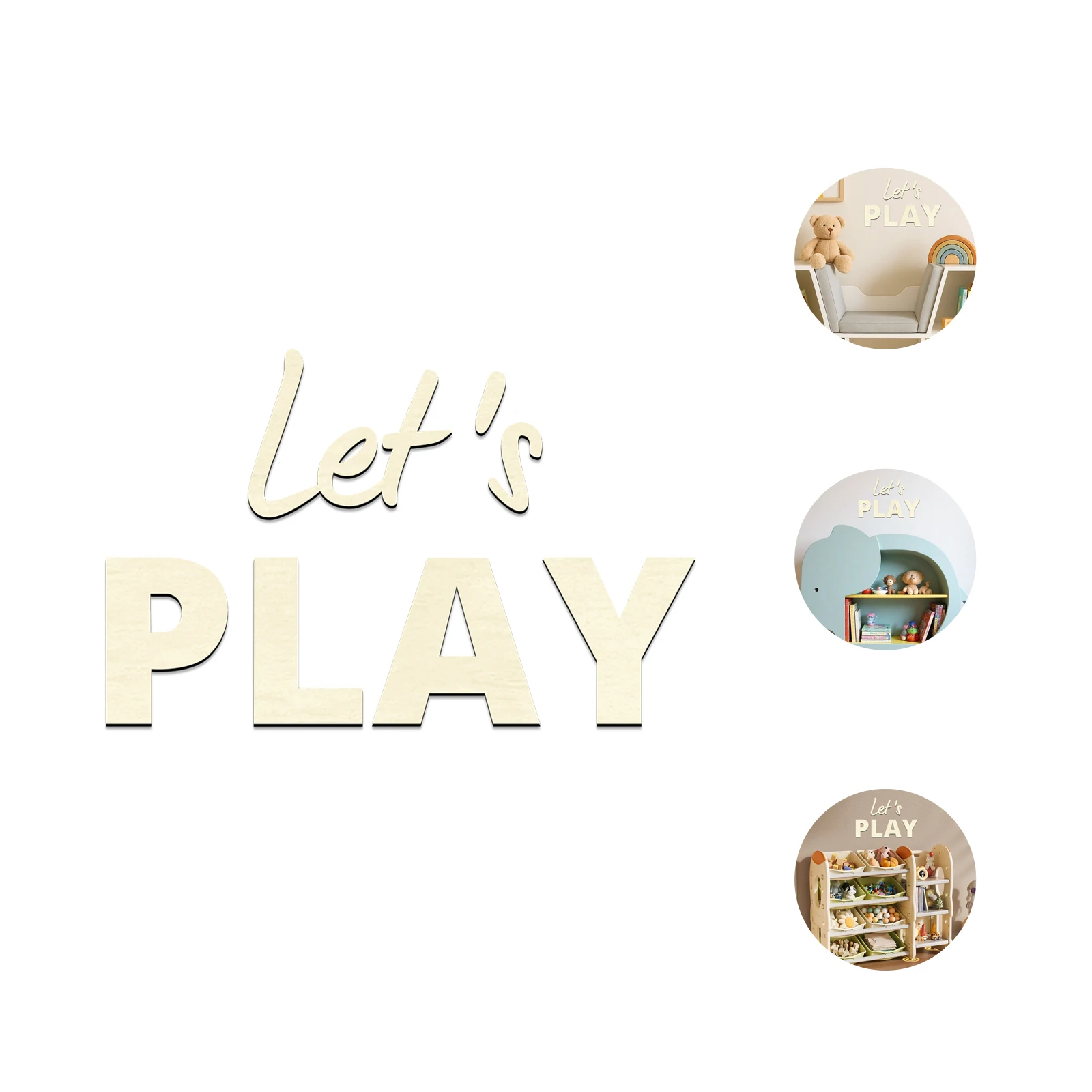 

Let's PLAY Wooden Wall Sign - Kids Room Decor, Playroom Wall Art, Nursery Decoration, Natural Wood 4mm Thick (43x15cm)