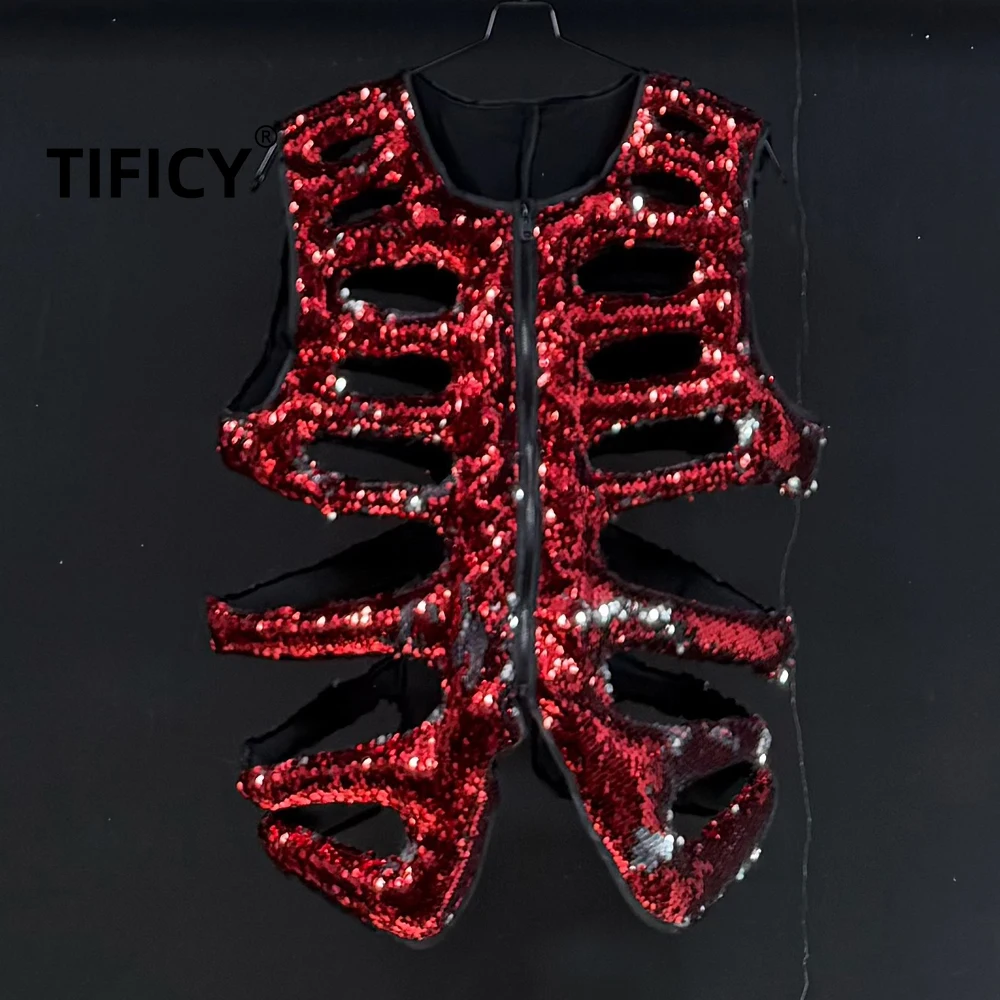 

High Street Vest Men's Glitter Vest Red Dark Skeleton Three-dimensional Cutting Versatile Vest Cool and Casual Style