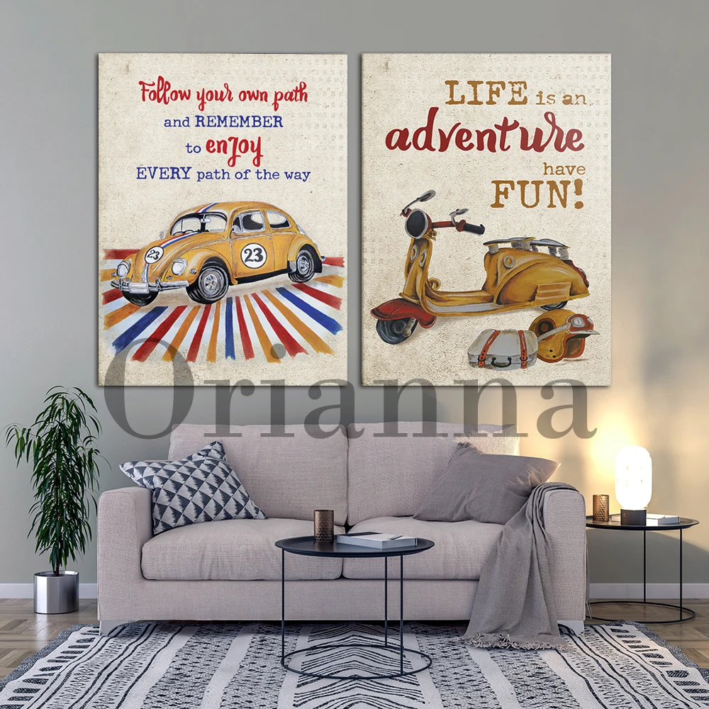 Retro Beetle Car Classic Racing Car Vespa Motorcycle Wall Art Prints Posters Living Room Boys Room Kids Play Room Decor Painting