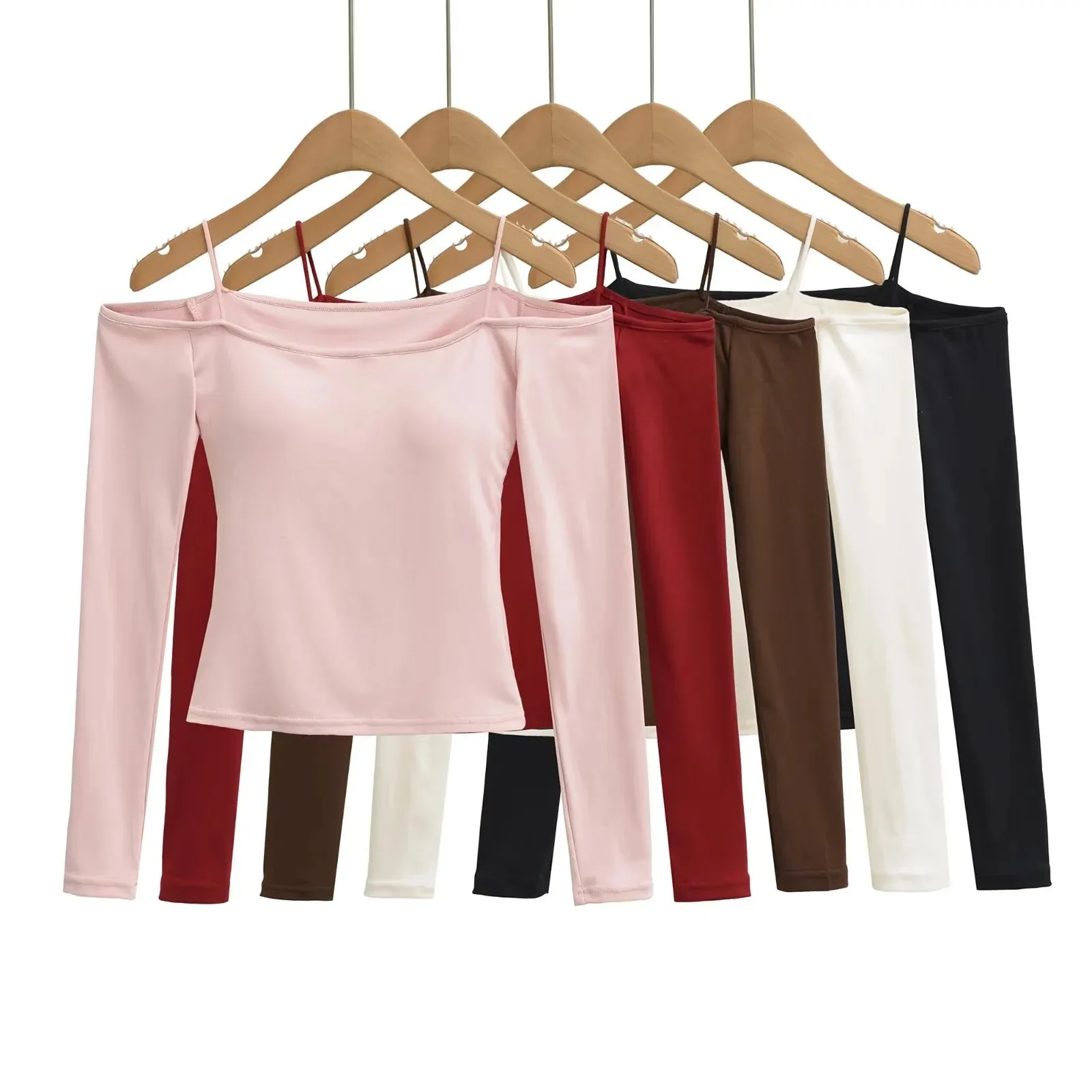 Pure Desire Style Sexy Off-Shoulder Long Sleeve with Chest Pads Waist-Cinching Slimming Short Camisole Off-Shoulder T-Shirt XU37