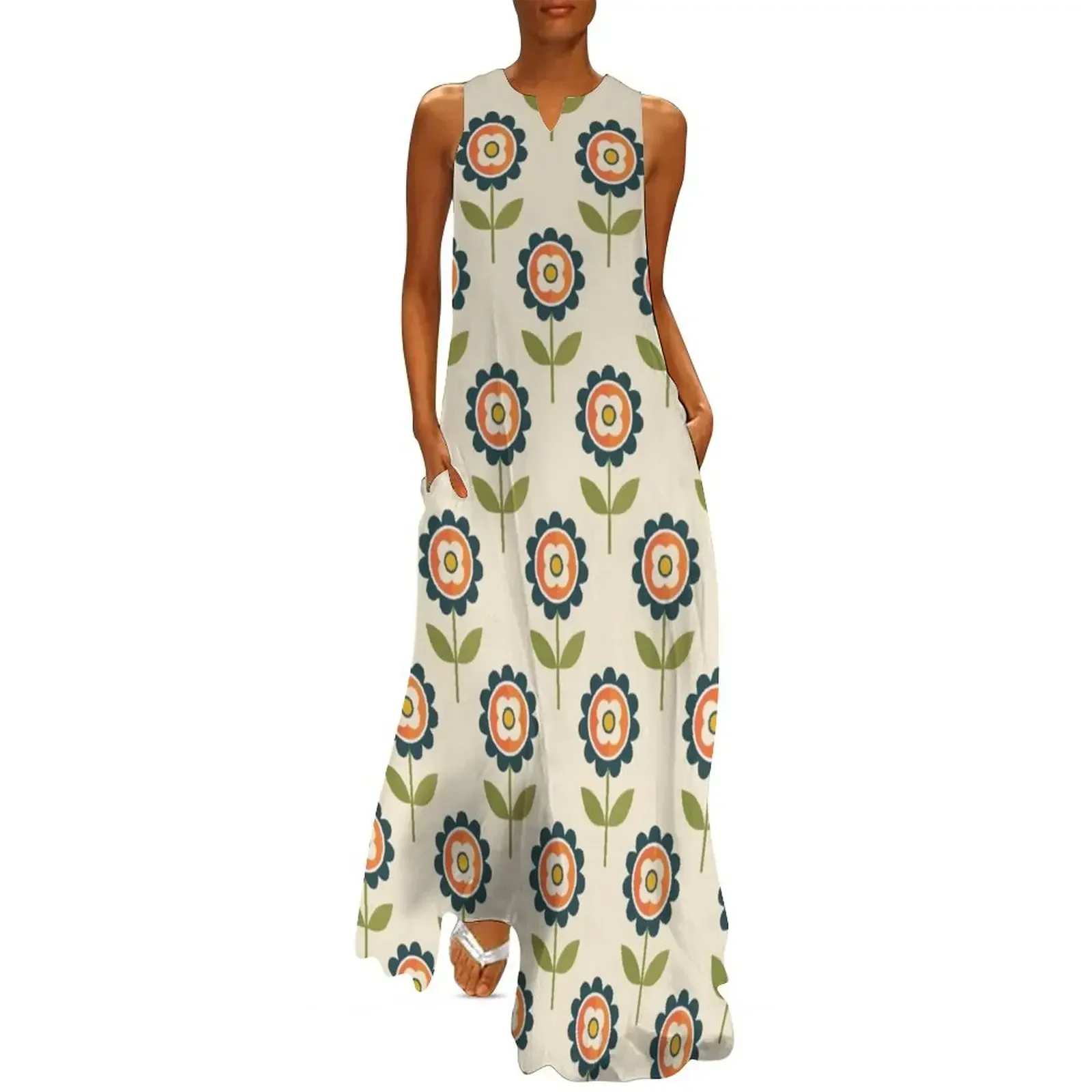 

Retro Daisy - Orange and Cream Long Dress summer dresses ladies 2025 evening dress ladies luxury dresses Dress