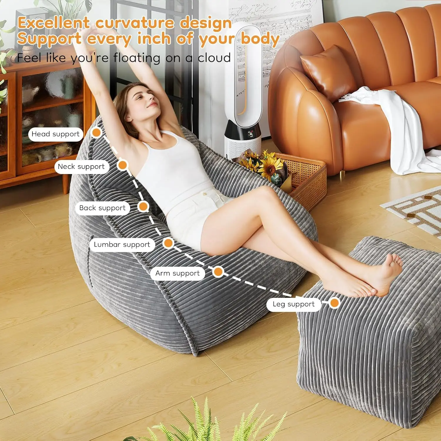 Vacuum-Compressed Corduroy Large Bean Bag Chair with Footrest, Memory Foam & EPS Beads Filling, Lazy Sofa for Living Room