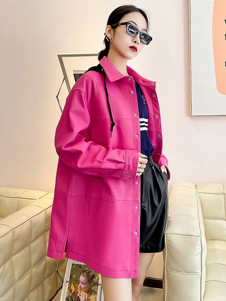 Fashion Women Casual Loose Fit Long Genuine Leather Jacket Hooded Oversized Windbreaker Coat High Street Female Trench Outerwear