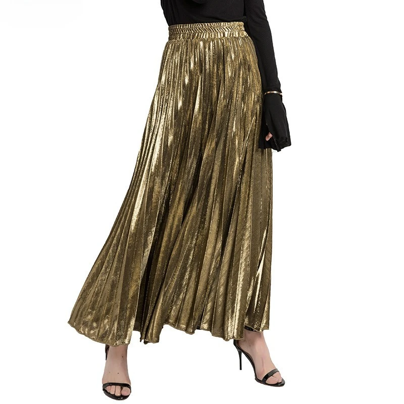 1pcs Women's High Waist Pleated Maxi Skirt Gold Beach Skirt Flowing Long A-Line Skirt Sparkly Pleated Skirt for Party Vacation