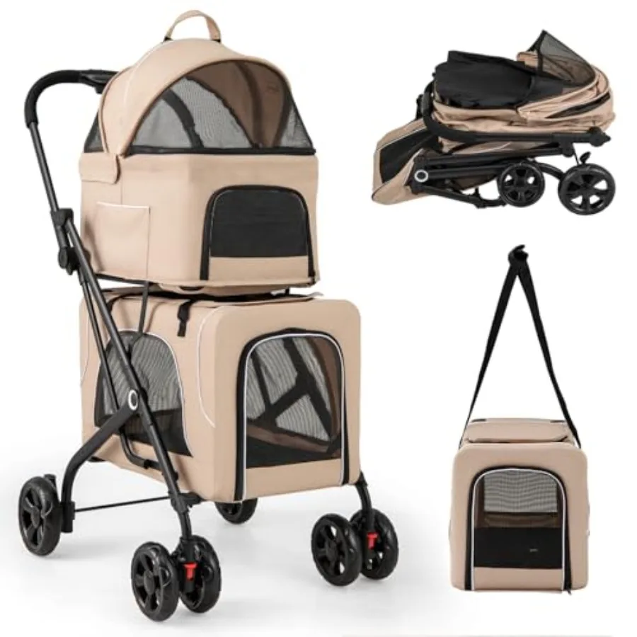 

4-in-1 Double Pet Stroller for Travel, Beige Polyester with Safety Belt Lockable Wheels, Foldable Design with 2 Detachable Carr
