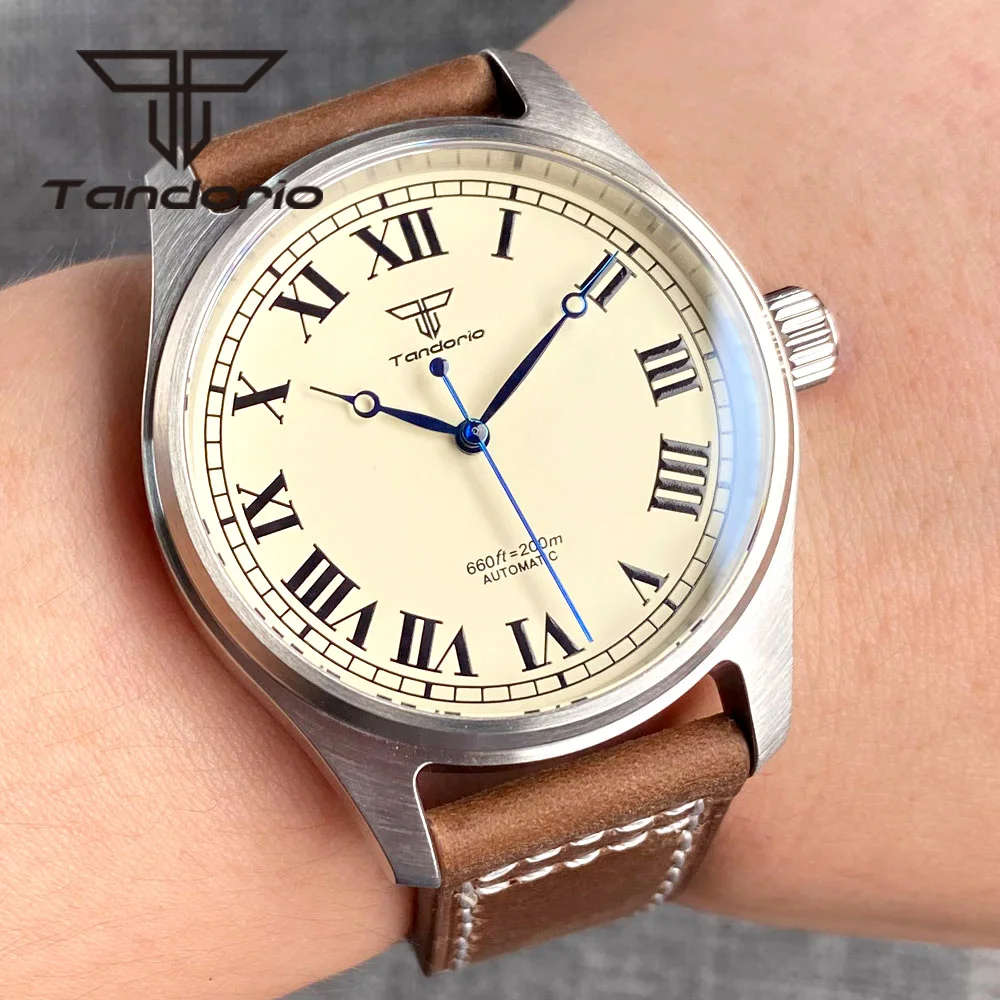 

Tandorio Vintage 39mm Pilot Men's Automatic Dive Watch 20BAR Beige Dial Roman Marks NH35A PT5000 Sapphire Wristwatch Leather