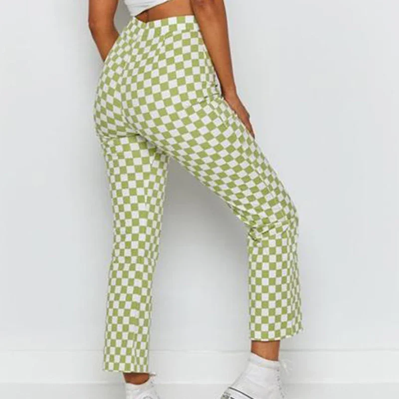 Checker Plaid Flare Pant Bootcut Bell Bottom Elastic Waist Skinny Elegant Summer Women y2k workout good stretch Cloth plus size