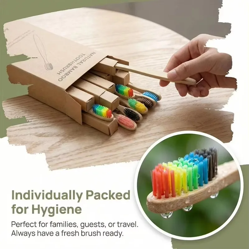 10Pcs Bamboo Toothbrush Eco Friendly Wooden Tooth Brush Soft Bristle Tip Charcoal Adults Oral Care Toothbrushes Hotel Travel