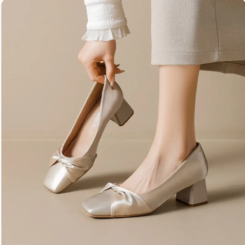 DIMANYU Women Dress Shoes Square Toe Two Tone Spliced Bow Knot Mid Heels Women Office Daily Shoes Party Wedding Footwear Women