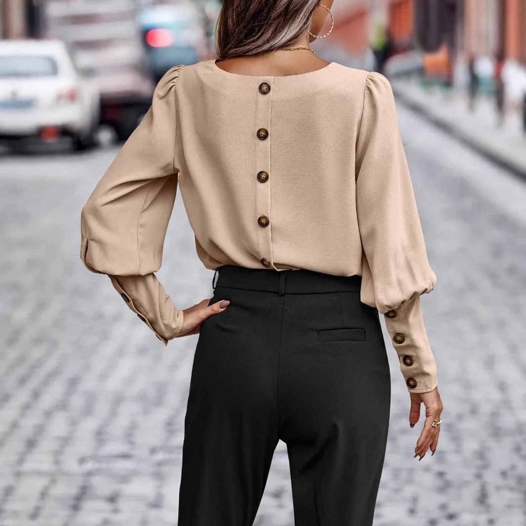 

Новинка 2025, осенне-зимний женский пуловер с круглым вырезом, длинным рукавом, рукавом-фонариком, пуговицами, однотонная футболка с гофрировкой, модные нижние топы