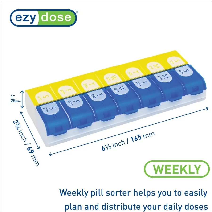 EZY DOSE Easy Fill 7Day Pill Medicine Vitamin Organizer Box Weekly 2 Times a Day AM PM Large Compartments Colored Lids 1 Count