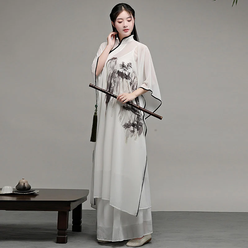 Women's Plus Size Tai Chi Suit 3-Piece Set Chinese Ethereal Slant Placket Frog Button Standing Collar Zen & Dance Wear Dress for