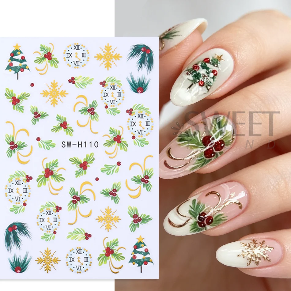 2pcs Christmas Nail Stickers Self‑Adhesive Xmas Tree Holly Bow Snowflake Clock Nail Decals DIY Winter Manicure Decoration Slider