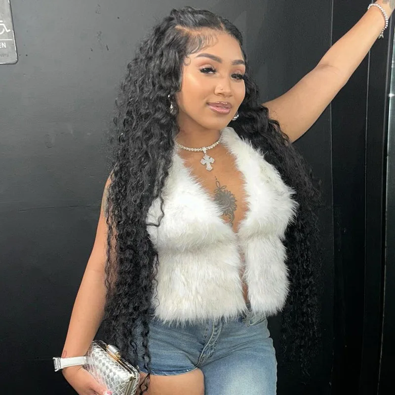 

Women Fashion Sexy V Neck Halter Backless Faux Fur Vests Tops Lace Up Furry Jackets All Matching Outwear Y2K Streetwear Clubwear