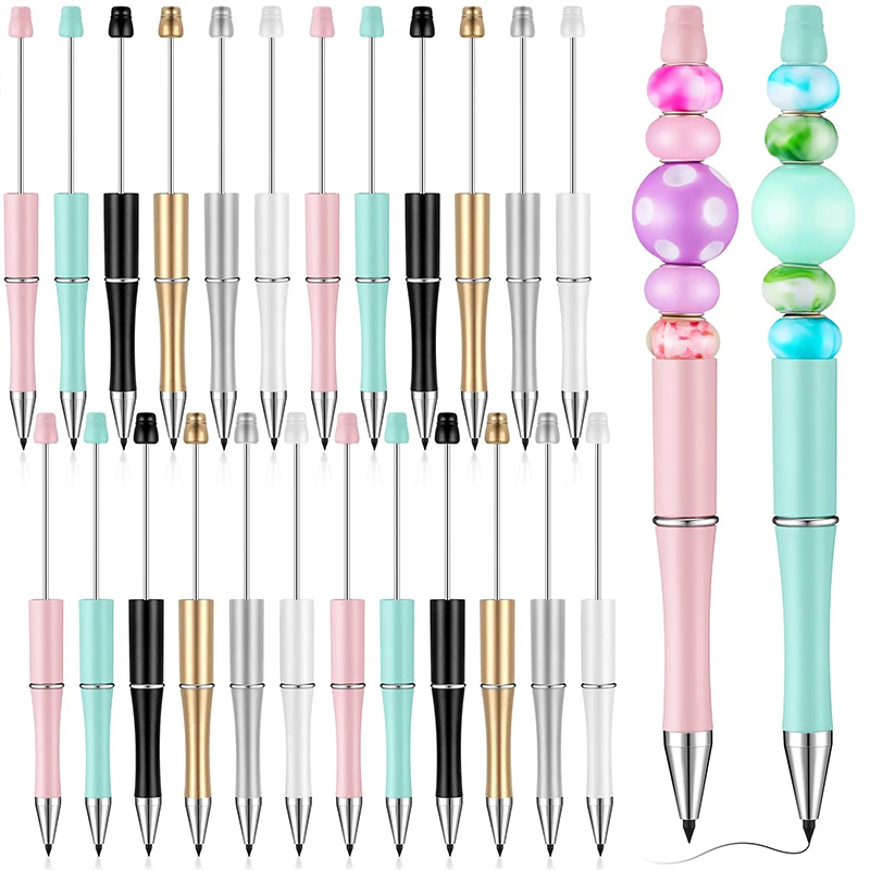 24 Pieces Beadable Pencil Inkless Pencils Plastic Bead Everlasting Pencil Reusable Pencil for Writing Drawing DIY Gift