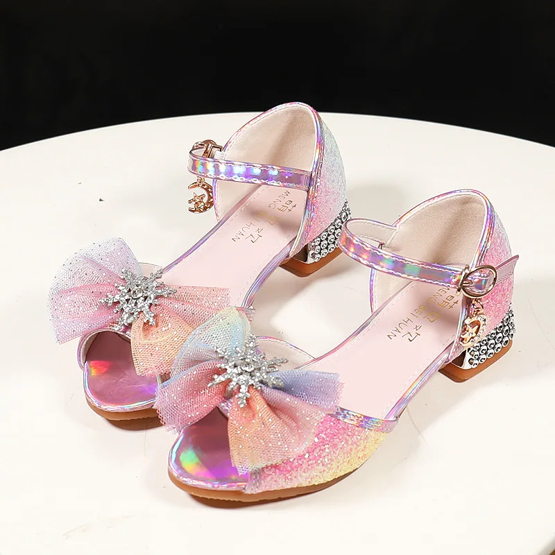 Children's High Heels Princess Girls Party Shoes Colorful Sequins Bowknot Shoe Summer Peep Toe Sandals Kids Performance Shoes