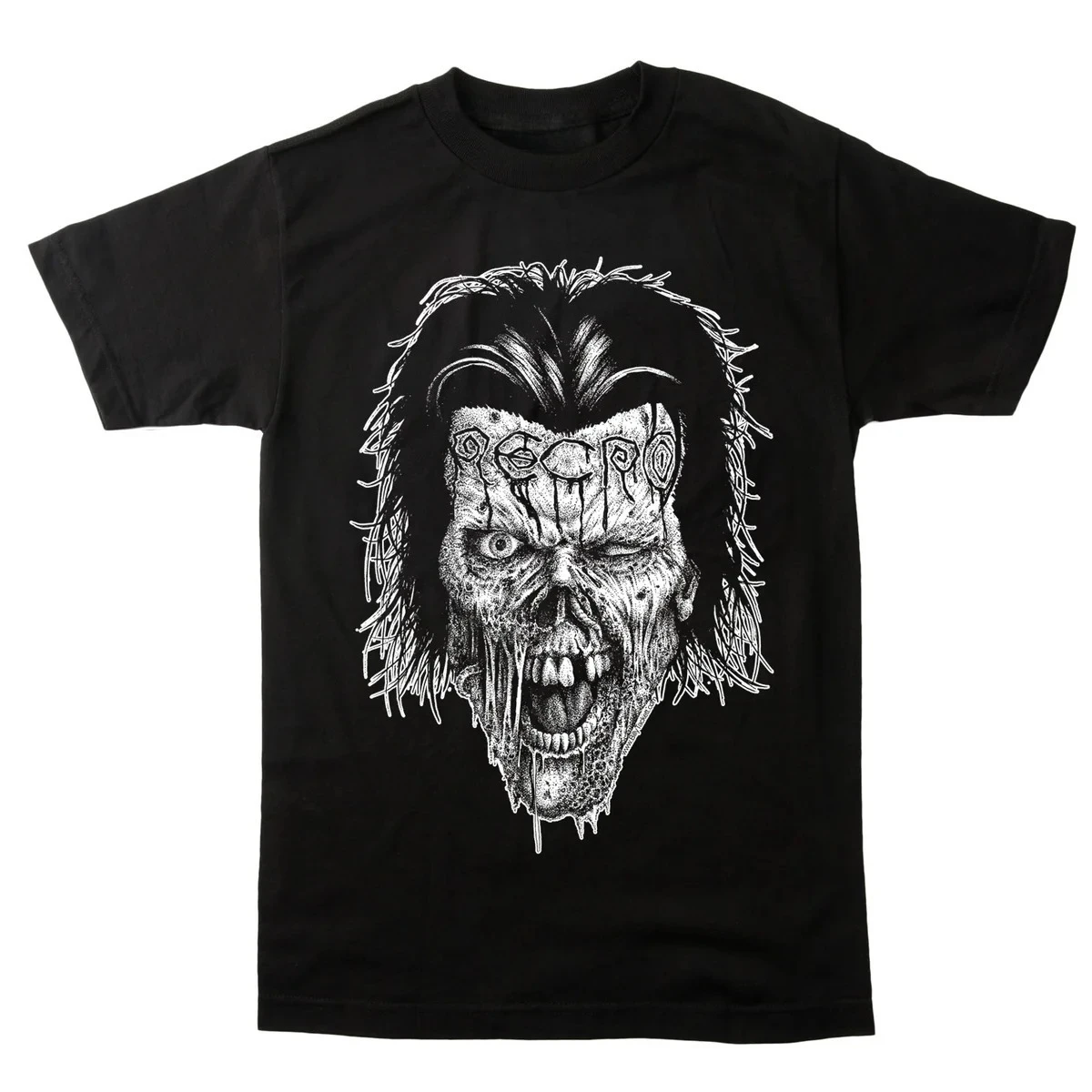 Necro T‑Shirt, Displays Fiend Slime Creatures and Skull Gangster Print with Ornate Logo, Edgy Artwork for Hardcore Rap Cultur