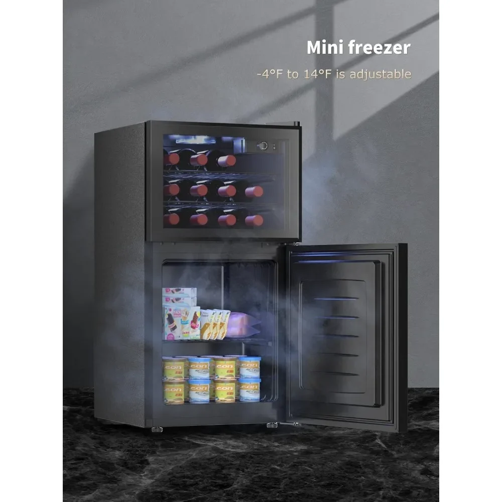 Wine Refrigerator with Freezer and Reversible Door, Dual Zone Temperature Control, Wine Cooler