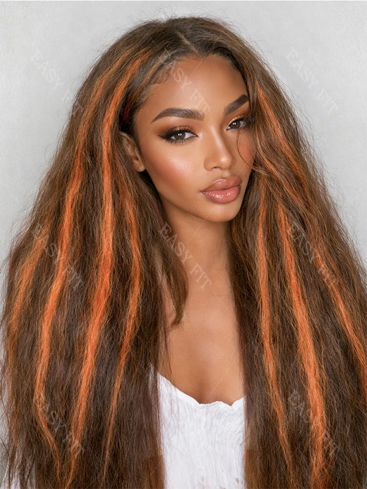 

Kinky Straight Highlight Ginger Orange With Brown 13x4 HD Lace Front Wig 1B/99J Burgundy Colored Lace Frontal Wigs For Women