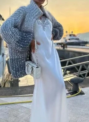 

2025 Autumn Winter New Fashion Casual Long Sleeved Comfortable Sequin V-Neck Sweater Jacket Coat Fall Outfits Women